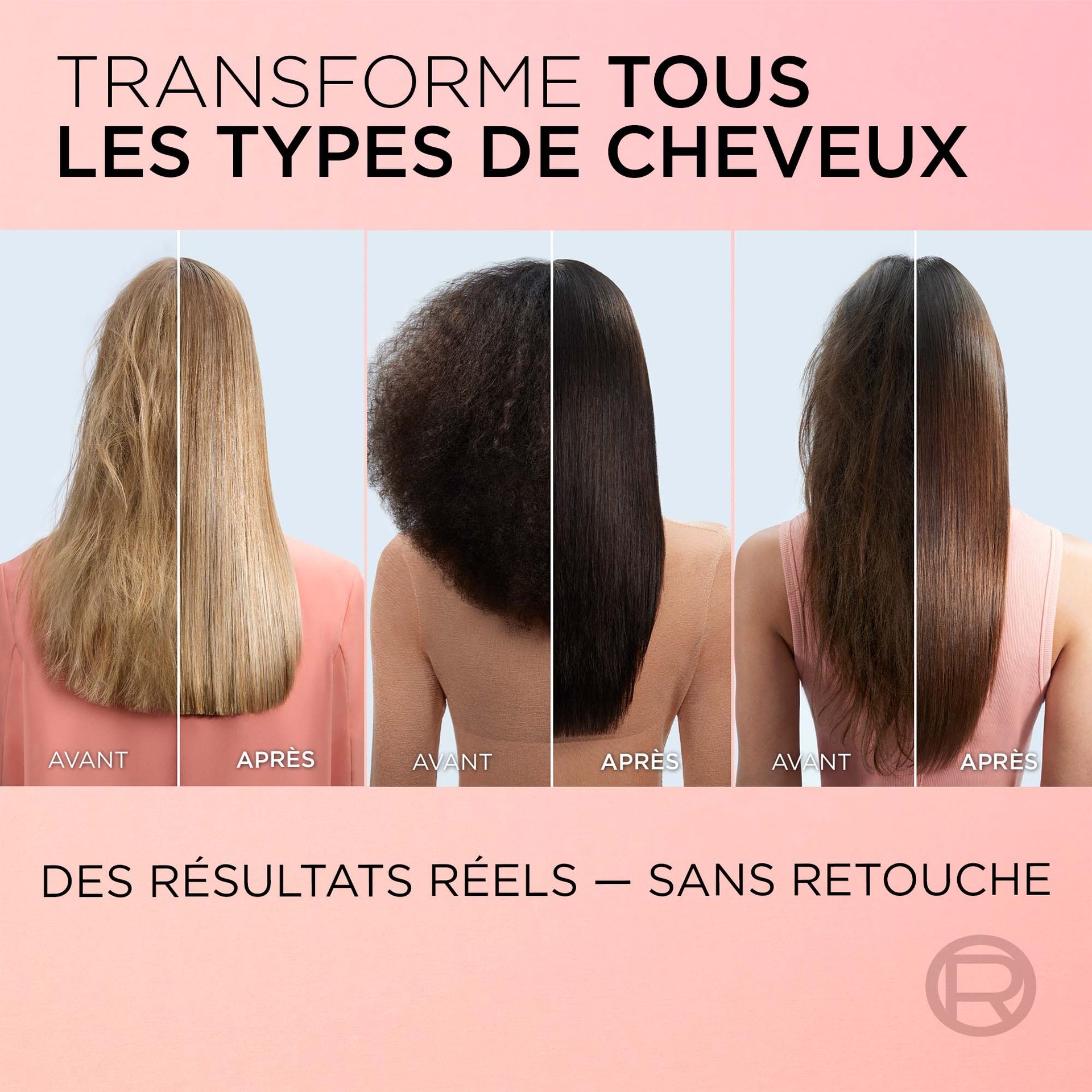 3 têtes de femmes qui montrent avant et après avec des cheveux long et sans frisottis